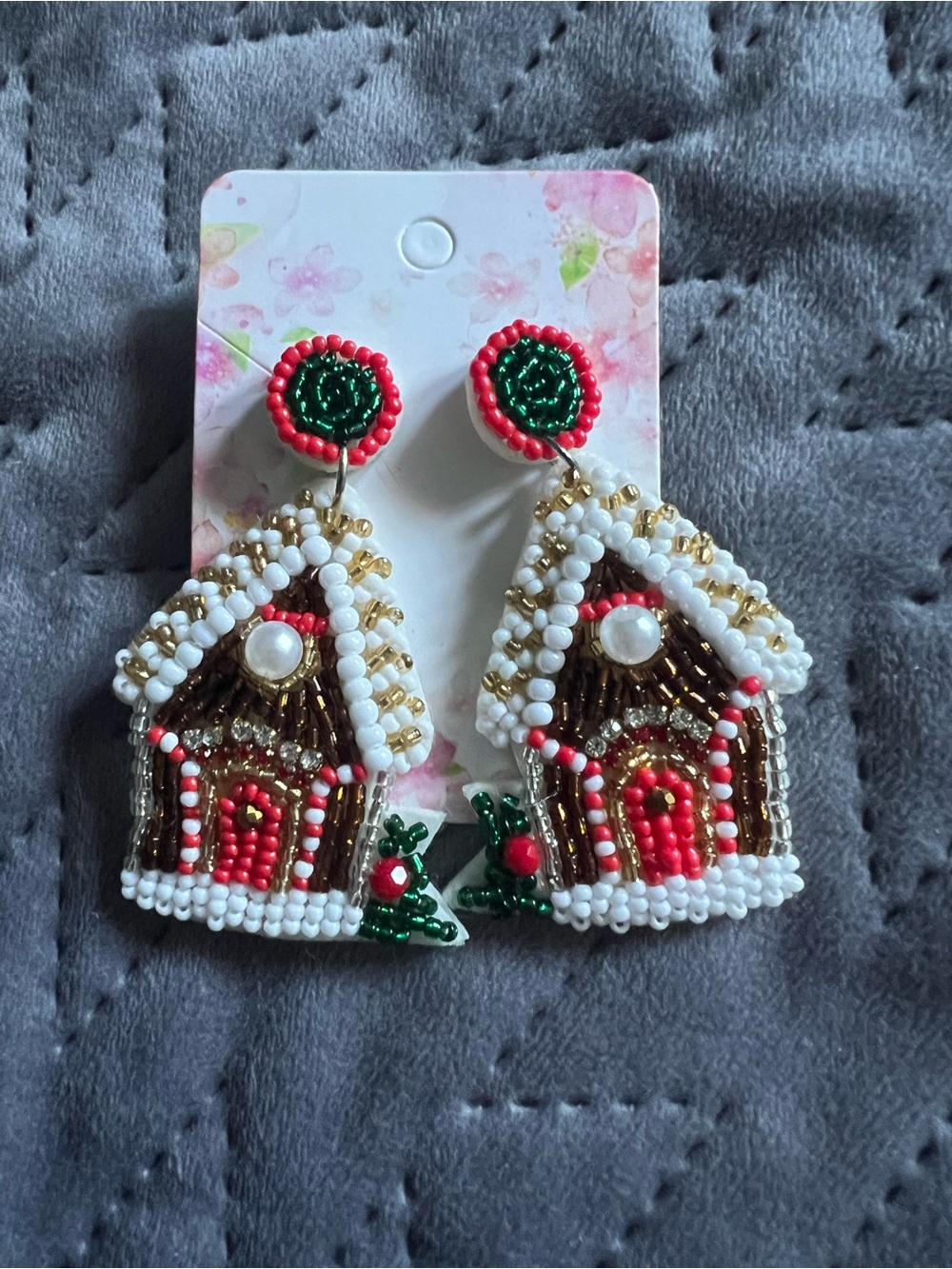 Beaded Gingerbread House Adult Earrings Holiday Christmas Winter Festival Cheer